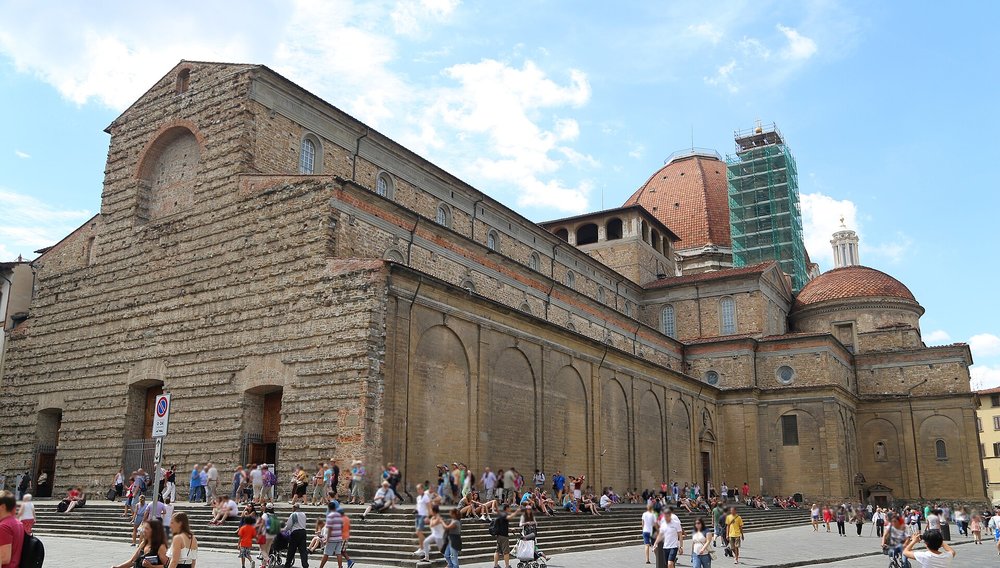 Basilica of San Lorenzo in Florence, highlighting its stone facade