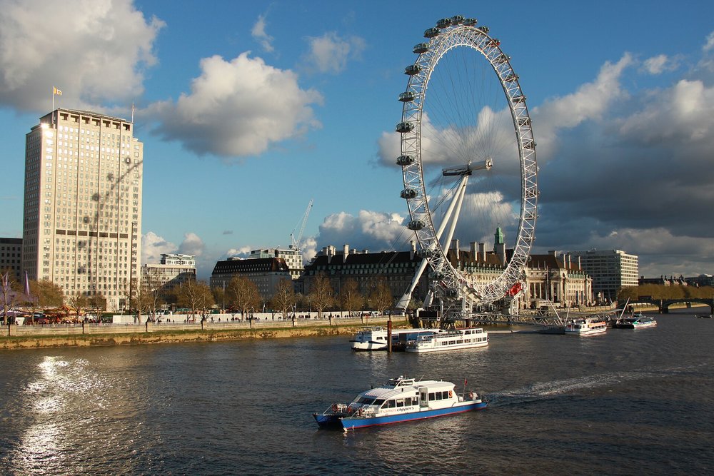 London Eye beside the River Thames on a sunny day with scenic views
