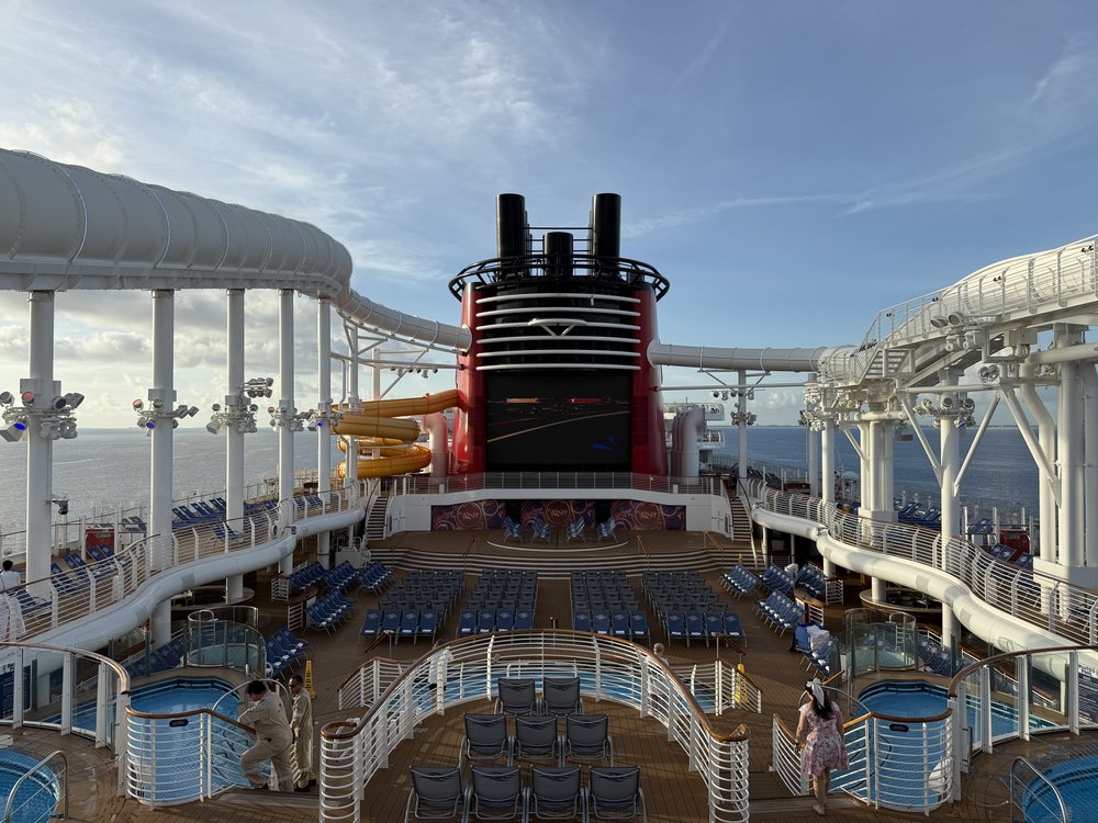Disney cruise ship deck with ocean views near Orlando