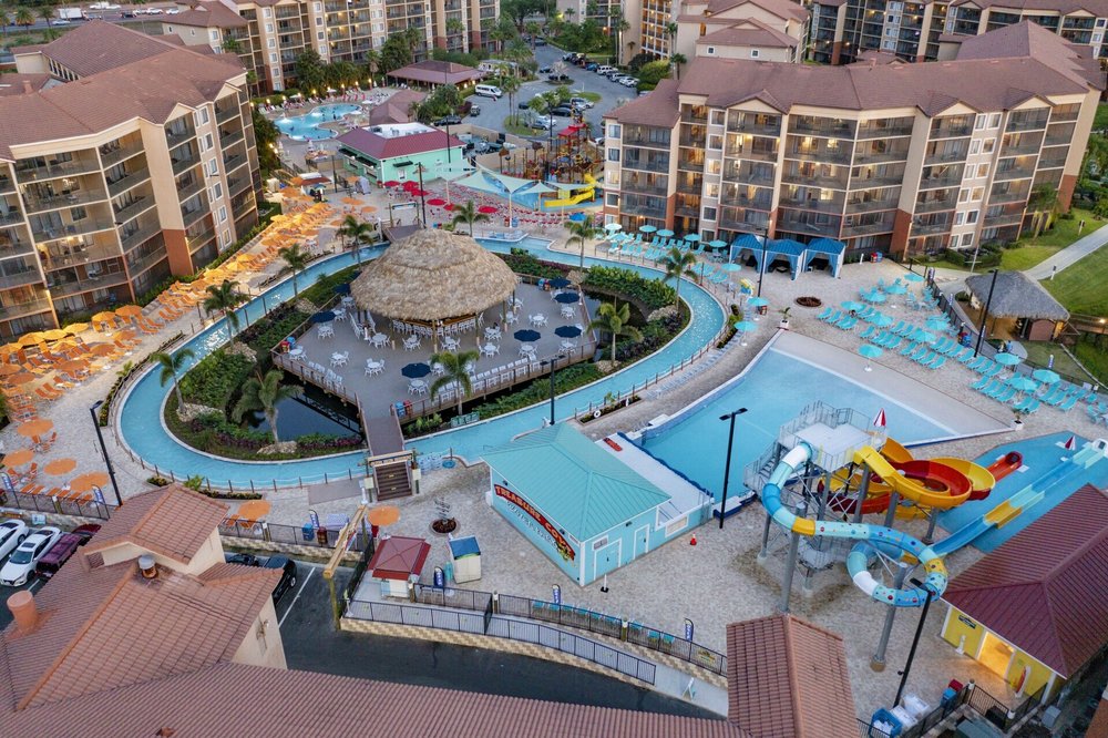 Aerial view of Westgate Lake Resort with pool area and water slide