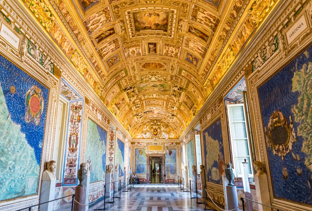 Ornate Gallery of Maps ceiling and frescoes at Vatican Museums Rome