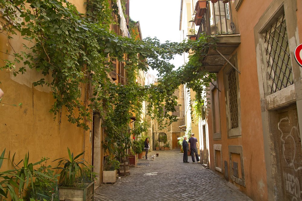 Ivy-covered buildings along a cobblestone street in Trastevere, Rome