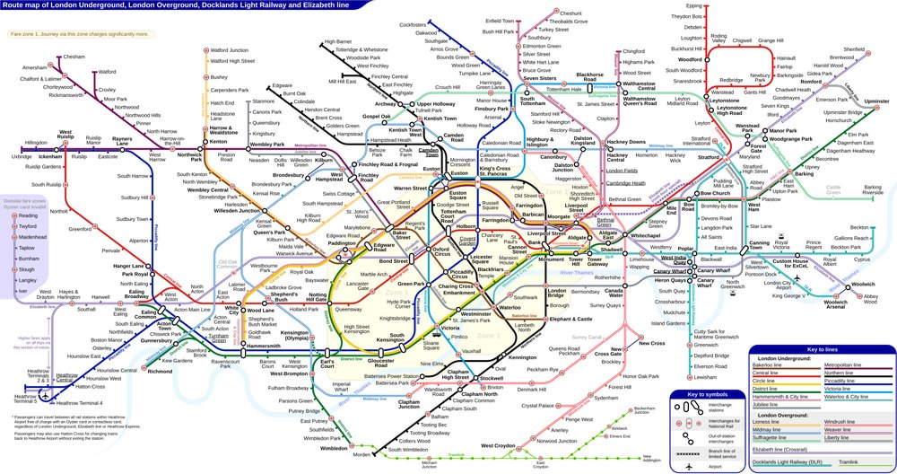 Detailed London Underground map showing all lines, stations, and zones