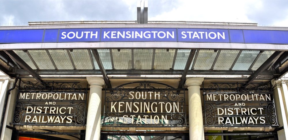 Historic sign of South Kensington Tube Station, a key stop for cultural attractions
