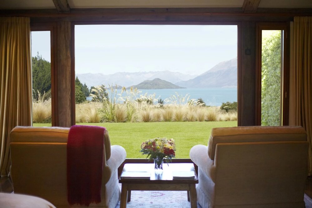 Terrace with seating and views of the mountains and Lake Wakatipu at Blanket Bay