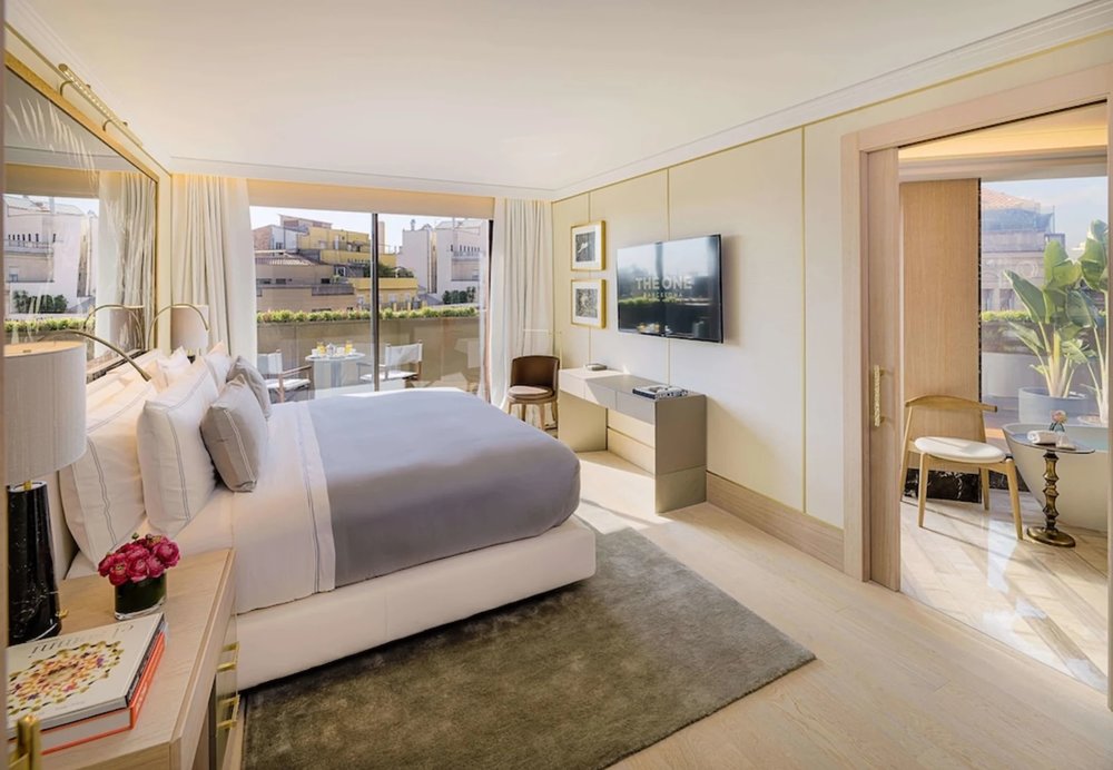 Modern and luxurious room with a view of Barcelona’s skyline at The One Barcelona