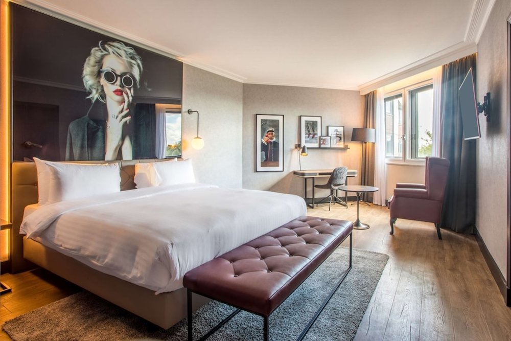 Stylish, modern room at Radisson RED Hotel London Heathrow with sleek furnishings and a comfortable atmosphere