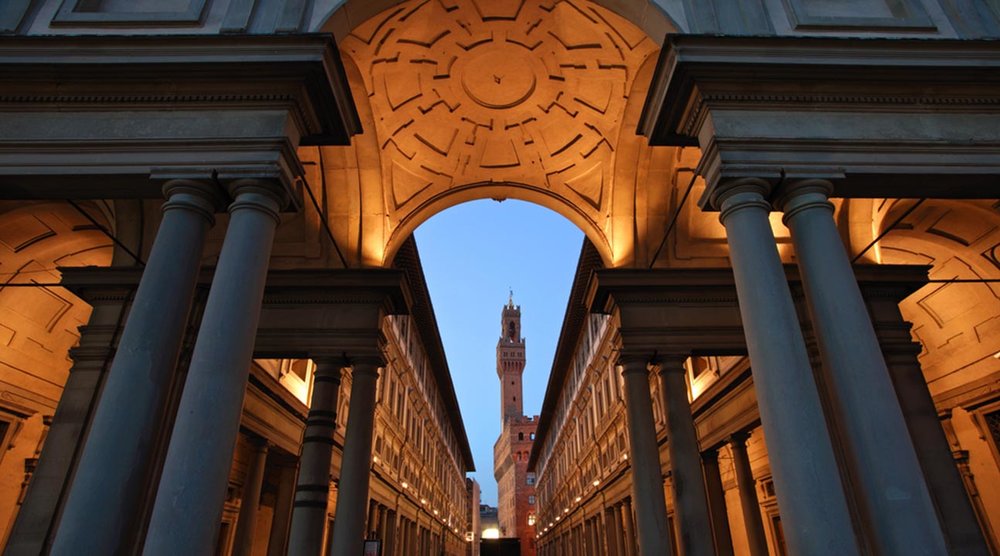 Beautiful view of the Uffizi Gallery entrance, Florence, with historical architecture