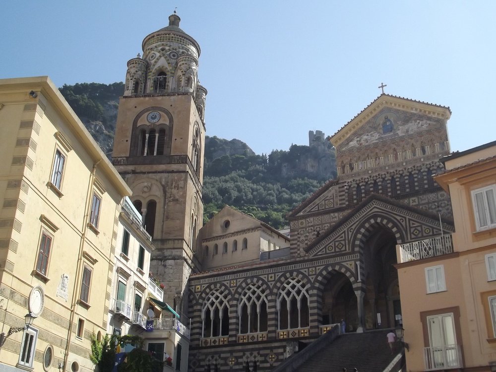 Amalfi Cathedral with its intricate facade and steps in Amalfi, Italy