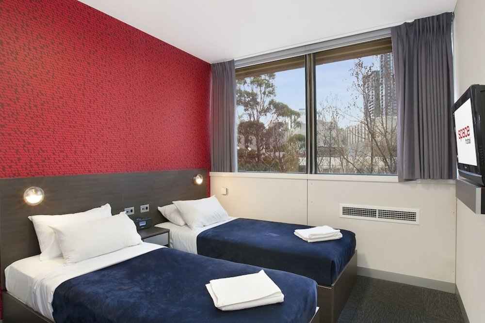 Private twin room at Space Hotel Melbourne hostel