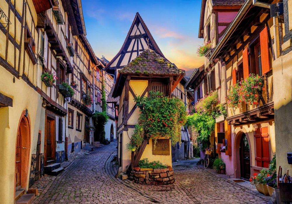 Eguisheim colorful half-timbered houses and cobblestone streets in Alsace France