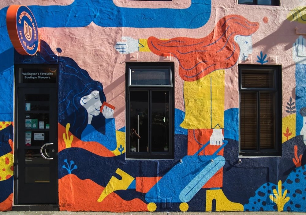 Colorful mural outside U Boutique Hotel Wellington in the lively Te Aro neighborhood