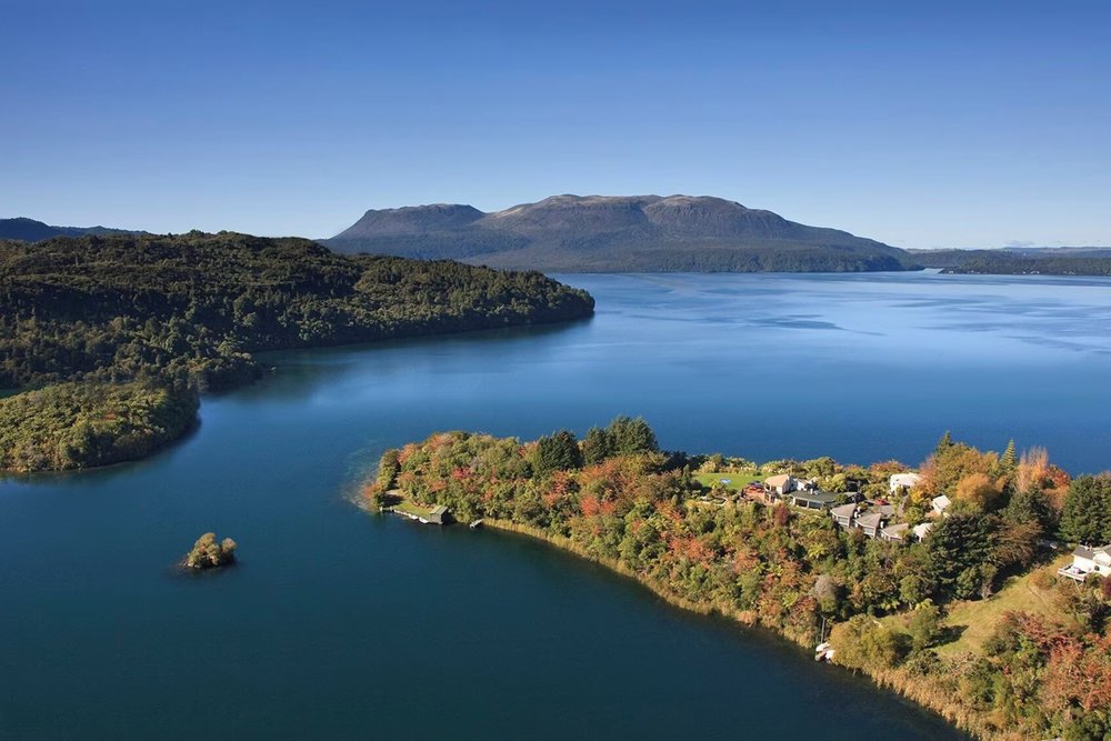 Aerial view of Solitaire Lodge beside the peaceful waters of Lake Tarawera