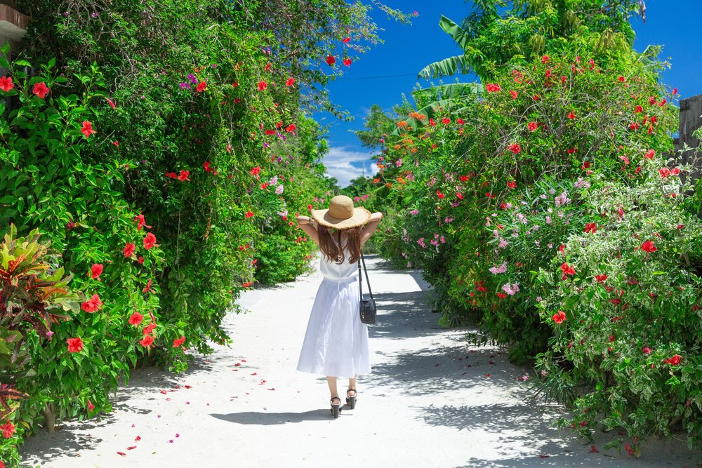 Woman walking through hibiscus flowers on Taketomi Island, Okinawa