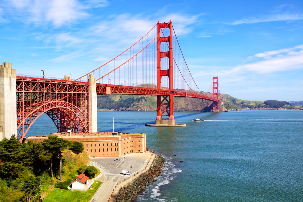 Golden Gate Bridge stretching across San Francisco Bay on a bright sunny day