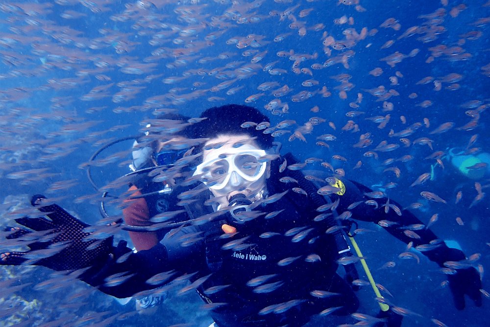 Scuba diver surrounded by small fish in Okinawa ocean