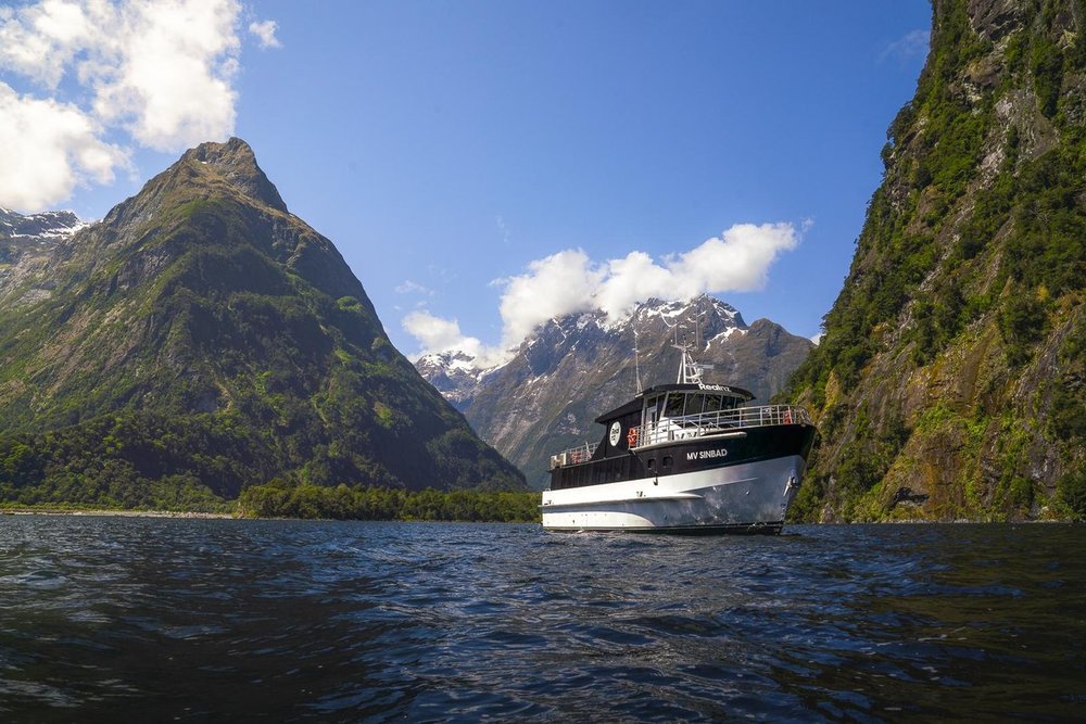 Scenic cruise surrounded by towering cliffs at Milford Sound