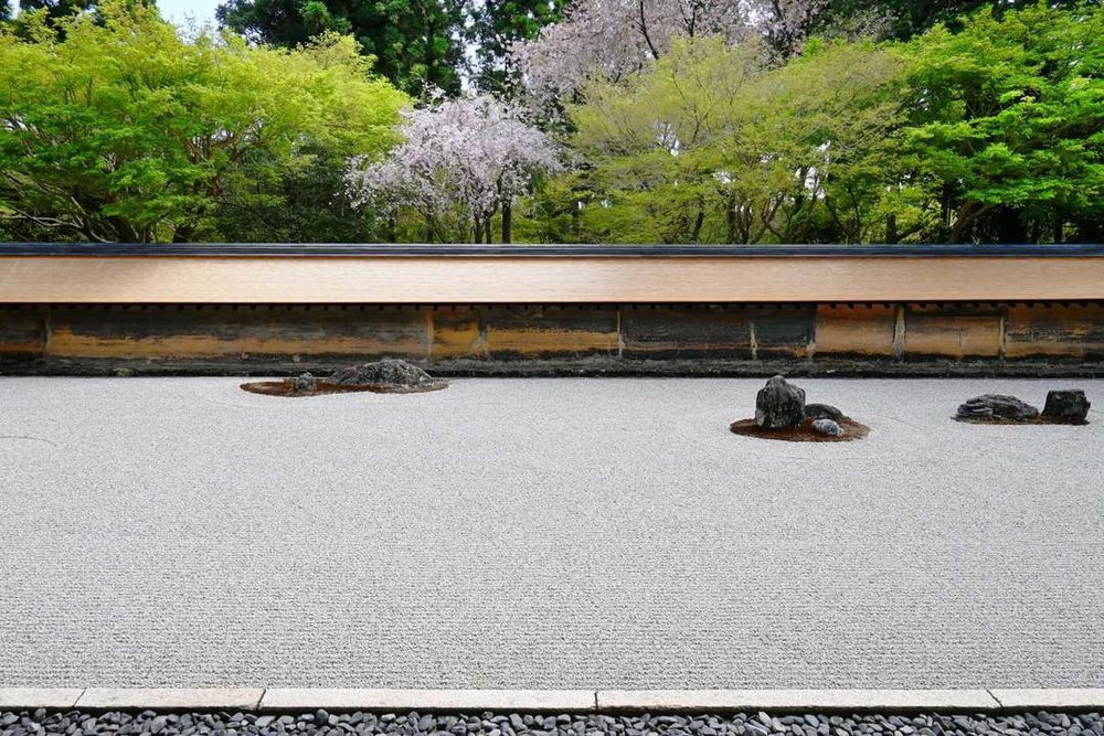 Zen rock garden with raked gravel and stones at Ryoan-ji Temple in Kyoto