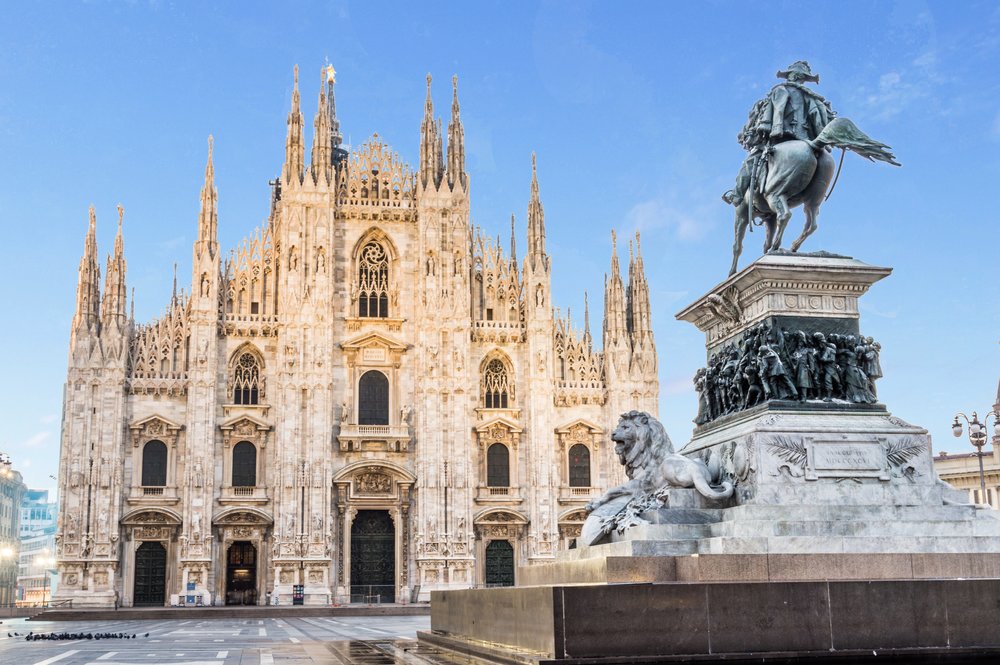 Milan Cathedral Duomo facade and statue in Piazza del Duomo Italy