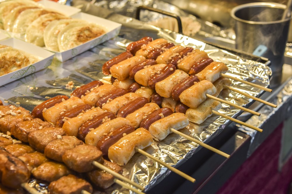 Korean sotteok sotteok sausage and rice cake skewers at a Seoul street market