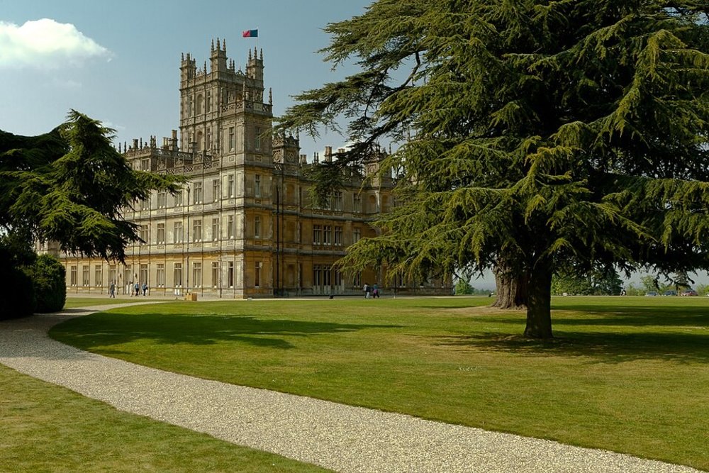 A panoramic shot of Highclere Castle and its landscape