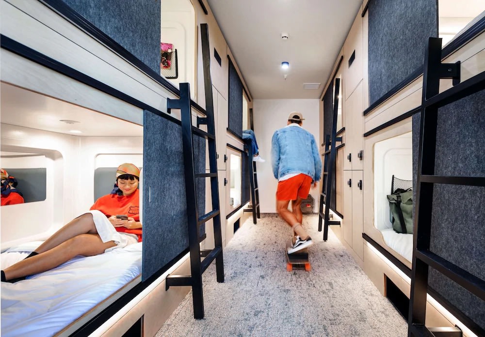 Modern pod-style bunk beds at LyLo Auckland, a trendy budget stay near Auckland Airport
