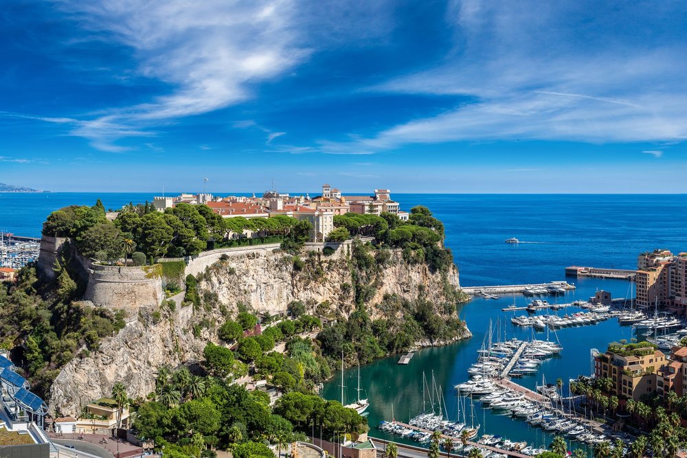 Monte Carlo harbor and cliffs along the French Riviera near Nice, Monaco views