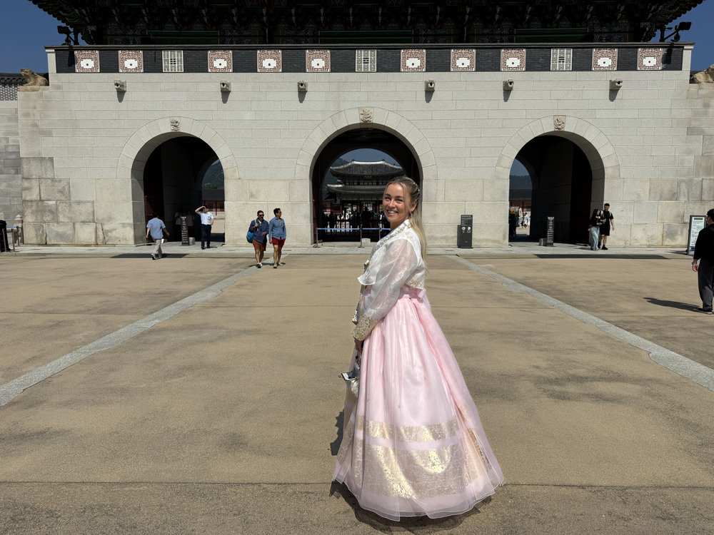 Wearing a hanbok in Gyeongbokgung Palace