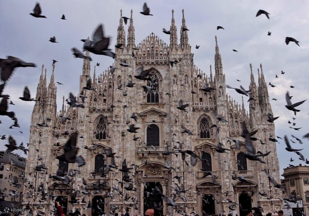 A flock of birds flying in front of a shot of the Milan Cathedral