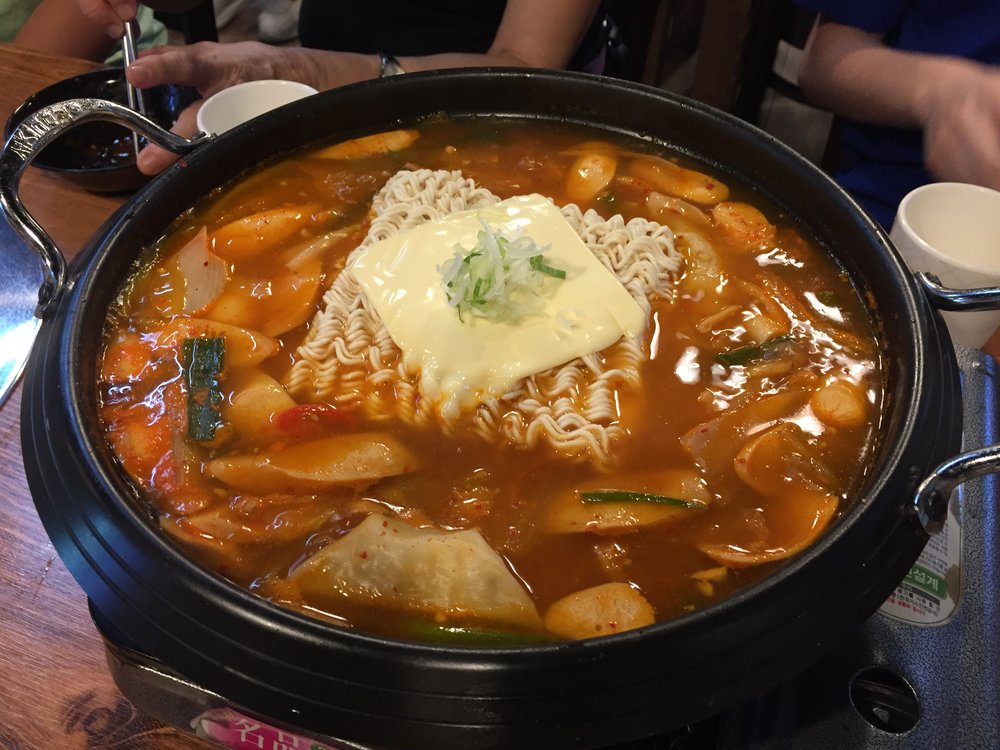 Budae jjigae army stew with noodles and sausage