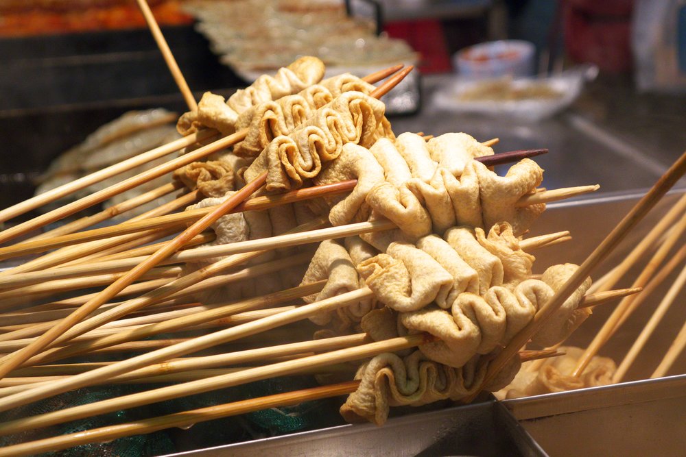 Eomuk fish cake skewers in warm street broth