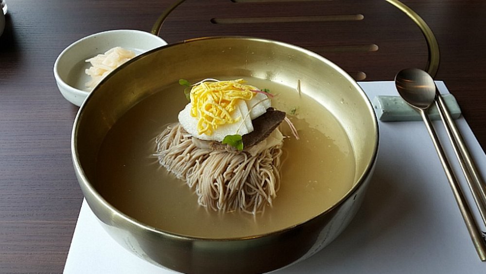 Naengmyeon cold noodles in chilled broth