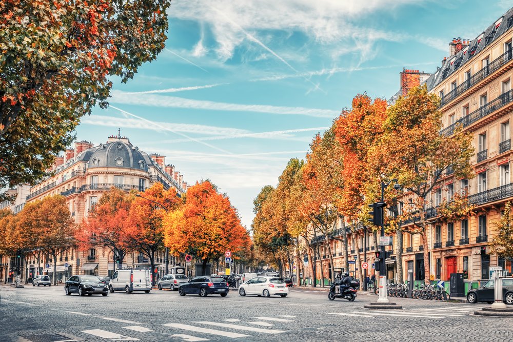 Charming Paris street with autumn trees and classic French architecture