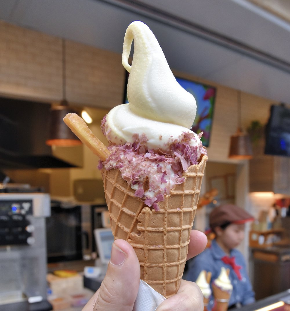 Purple sweet potato ice cream in waffle cone topped with crispy sweet potato flakes | Photo from Jpellgen on Flickr