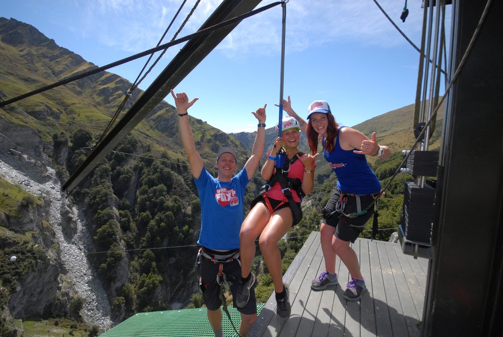 Adventurers at Kawarau Bridge Bungy jump platform near Queenstown