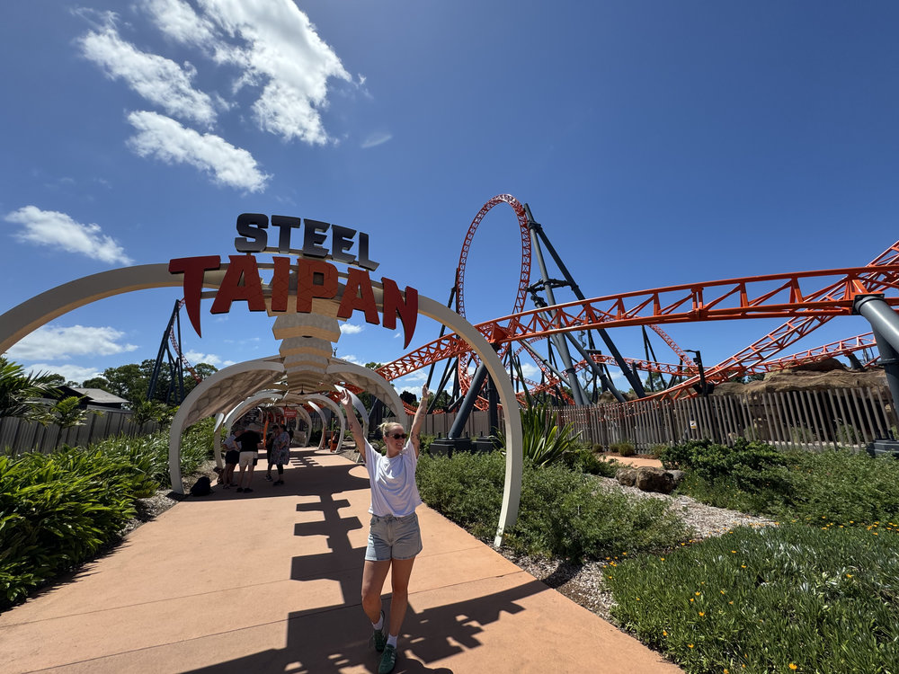 In front of the Steel Taipan, Dreamworld’s very own rollercoaster!