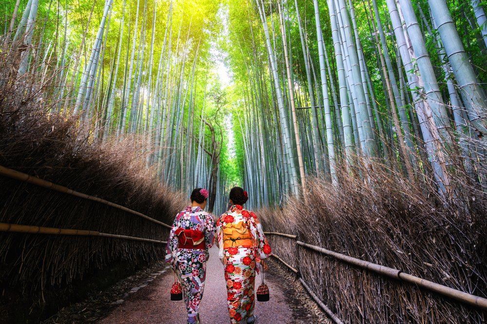 Tourists in kimono strolling through Arashiyama Bamboo Forest in Kyoto