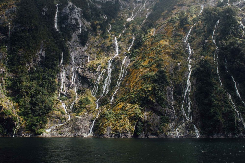 Milford Sound waterfalls flowing down steep cliffs into fjord waters