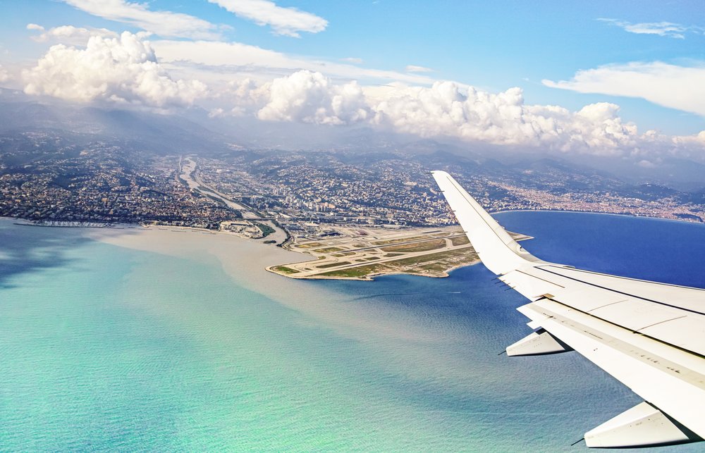 Aerial view of Nice city, French Riviera, with airport and coastline