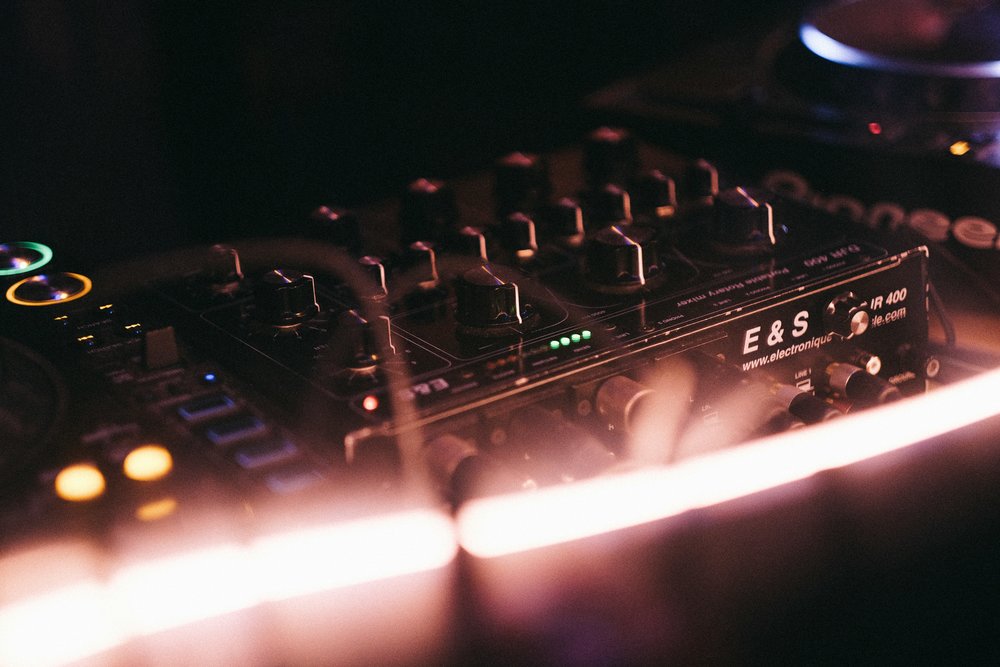 DJ music equipment in a night club