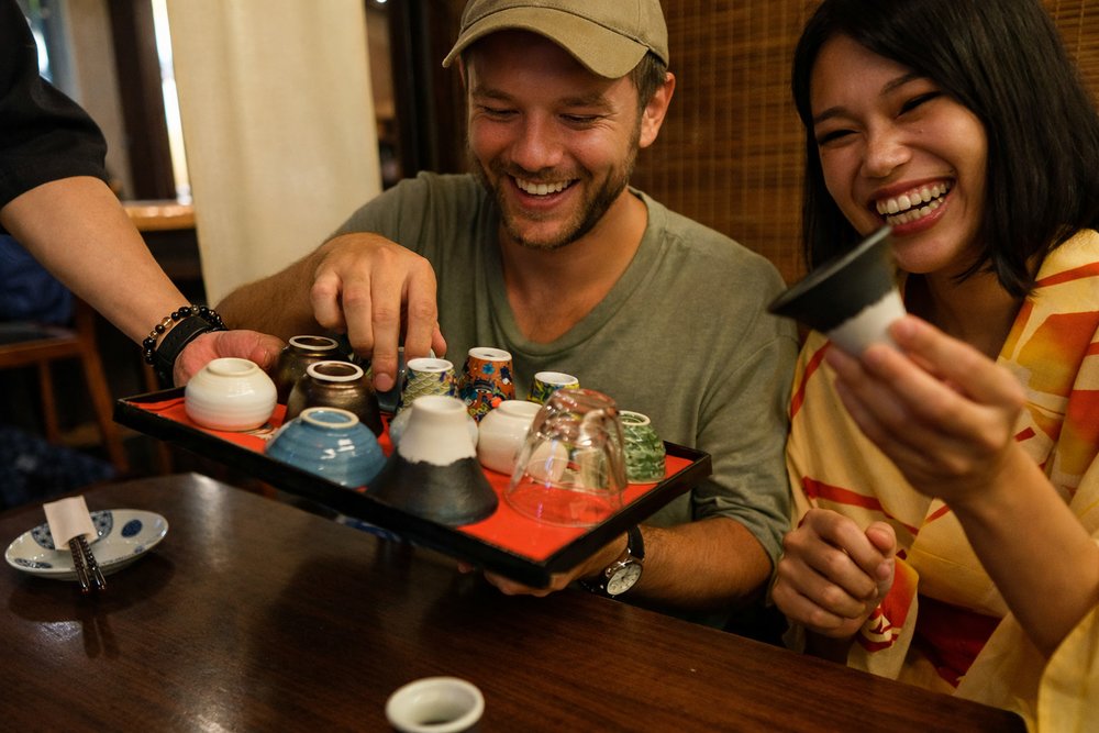 Enjoying drinks on a Kyoto izakaya tour