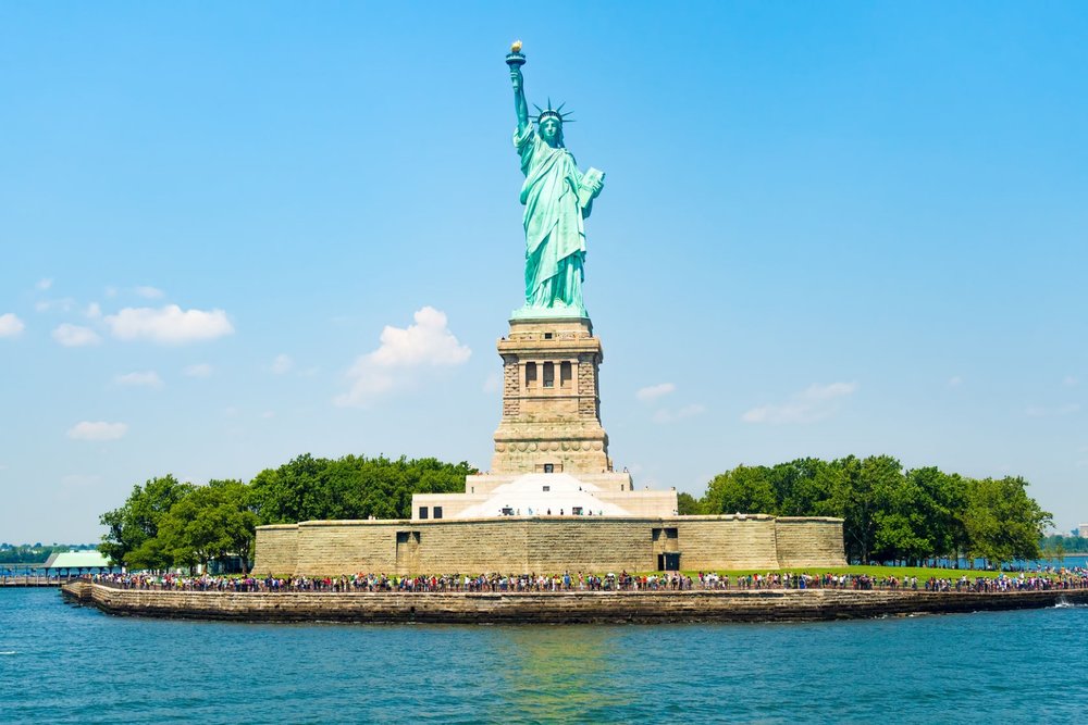 Statue of Liberty standing on Liberty Island in New York Harbor