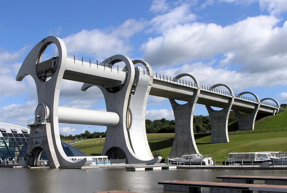 The Falkirk Wheel, an innovative rotating boat lift in Scotland