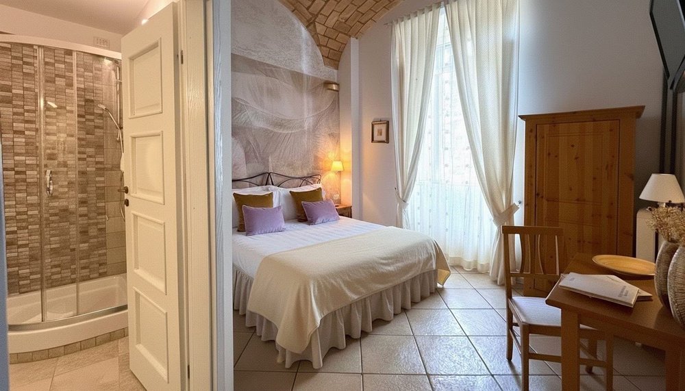 Relais Le Clarisse room with wooden beams in Trastevere, Rome