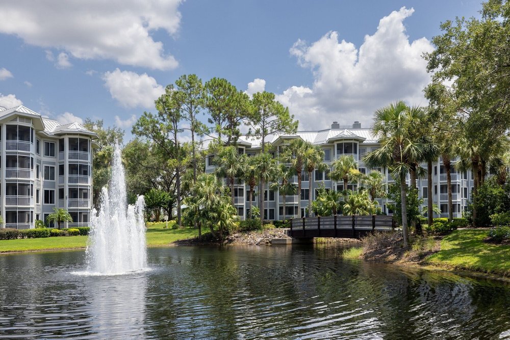 Scenic lake and villas at Marriott’s Cypress Harbour Orlando