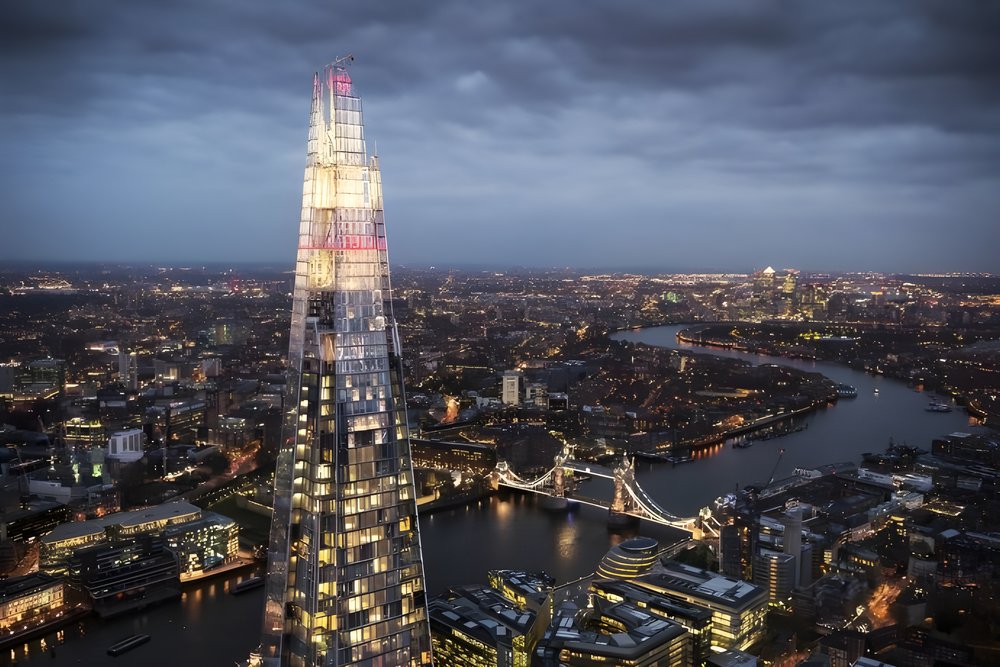 View from The Shard overlooking London skyline at night