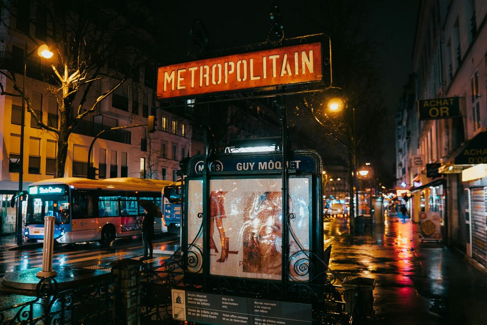 Paris at night lit up by streetlights.