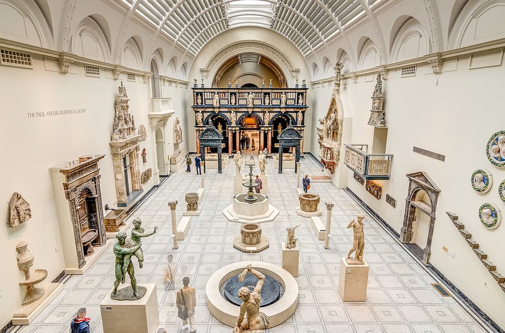 A hall full of sculptures and intricate interior details