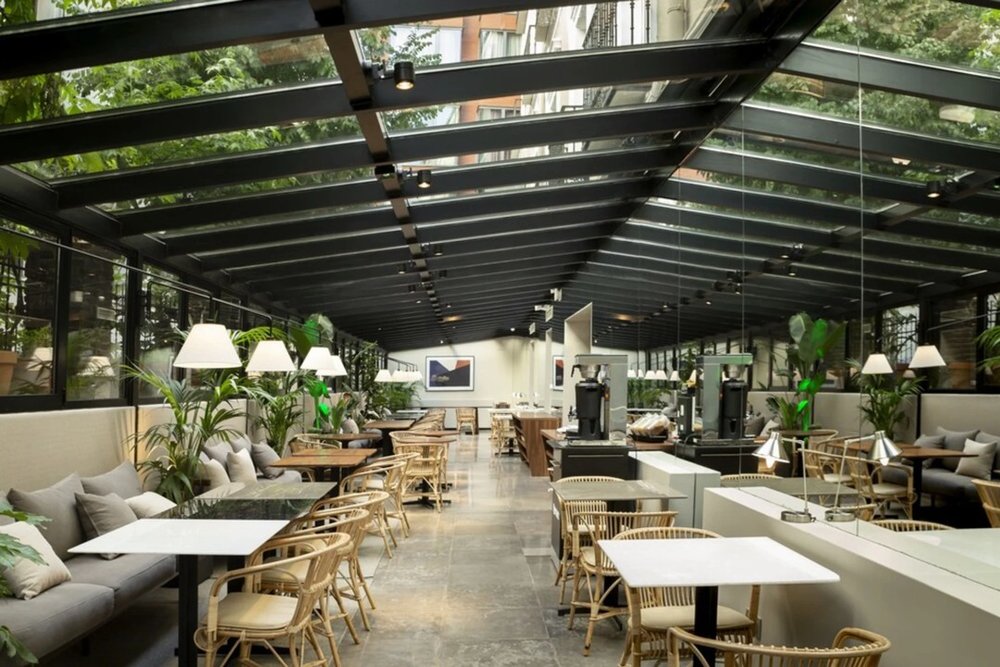 A bright dining area with a sunroof