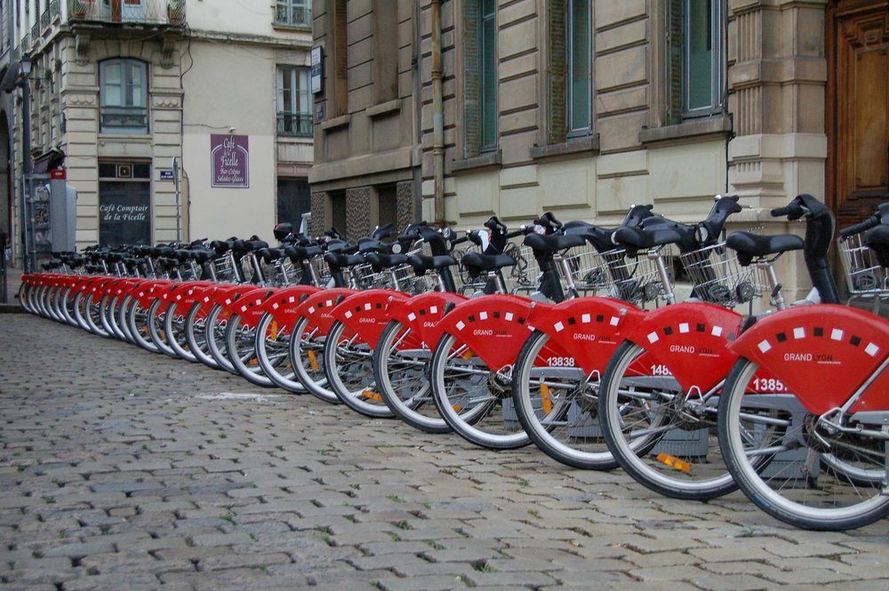 A row of red bicycles